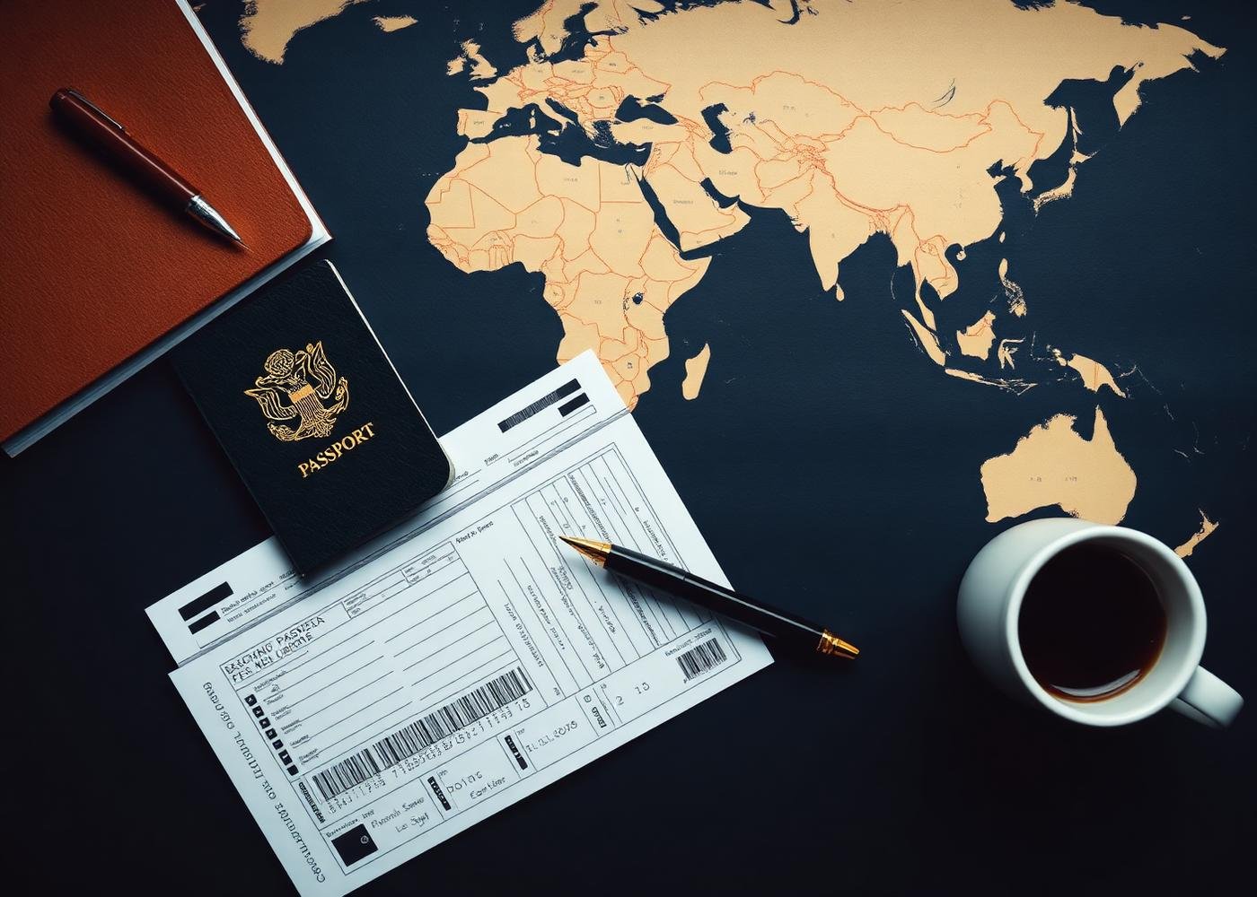 Passport, boarding pass and world map on a navy desk